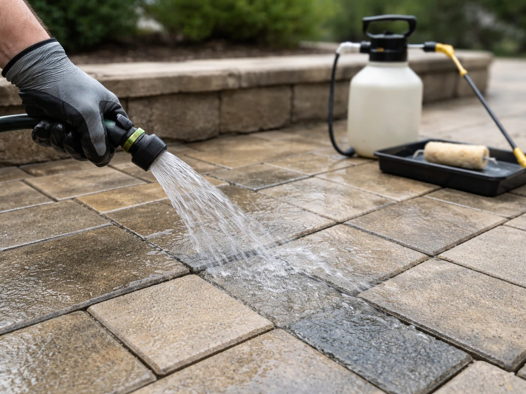 Homeowner rinsing paver patio joints, then applying clear sealer to prevent leaf stains from returning.