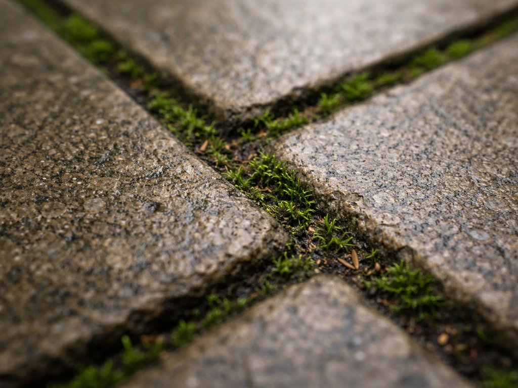 Close-up of damp patio grout with dark moss and trapped leaf debris in the crevices.
