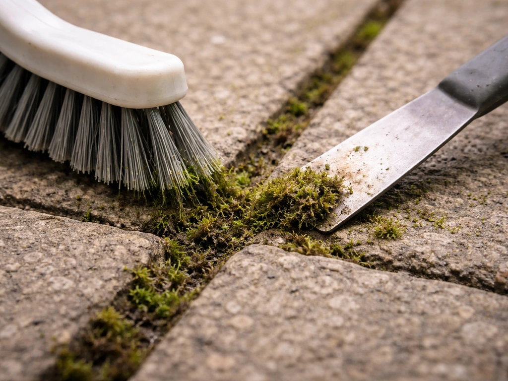 Close-up of a stiff grout brush and scraper scrubbing moss from grout lines on a patio.