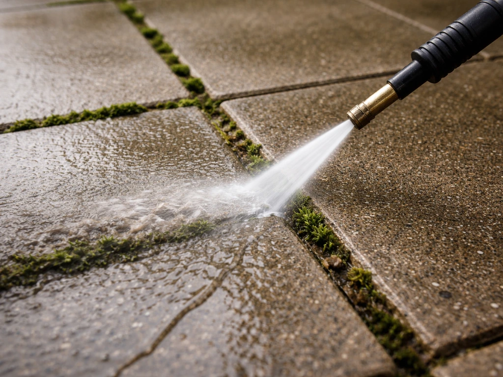 Pressure washer spraying mossy grout lines on a patio, angled nozzle with rinsing runoff.