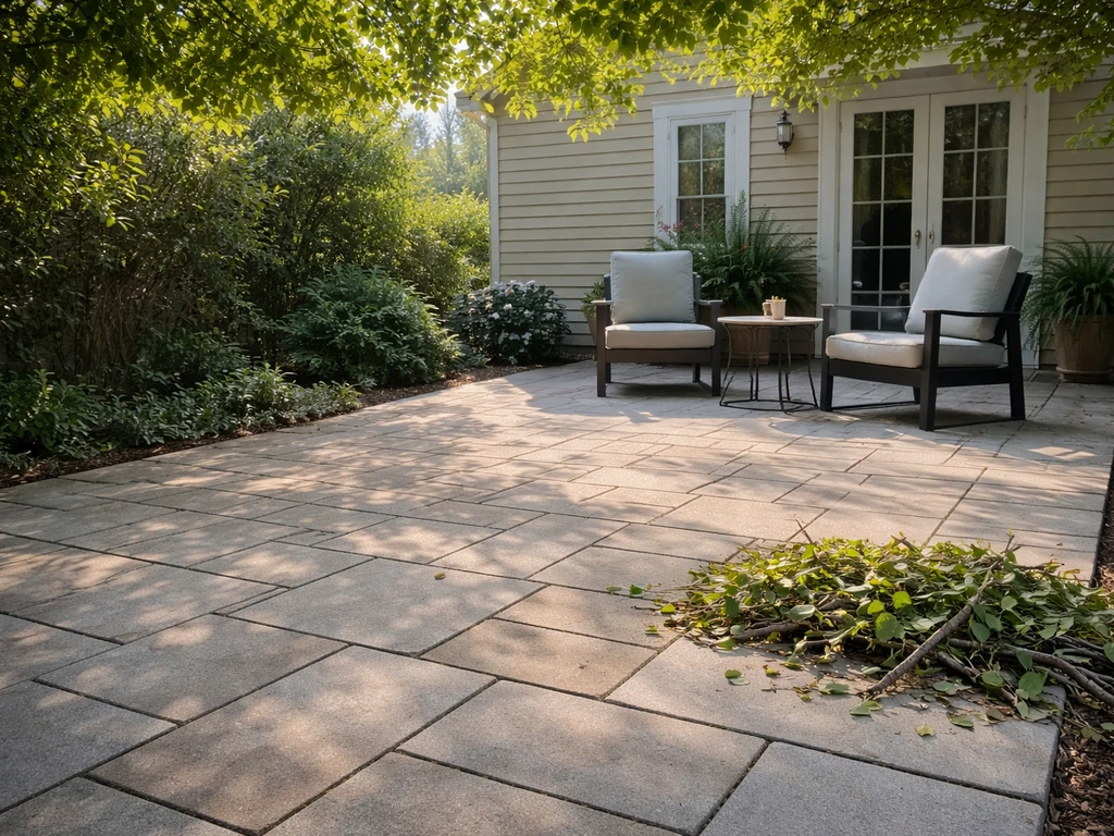 Trimmed branches overhead brighten a patio while grout lines look cleaner and drier.