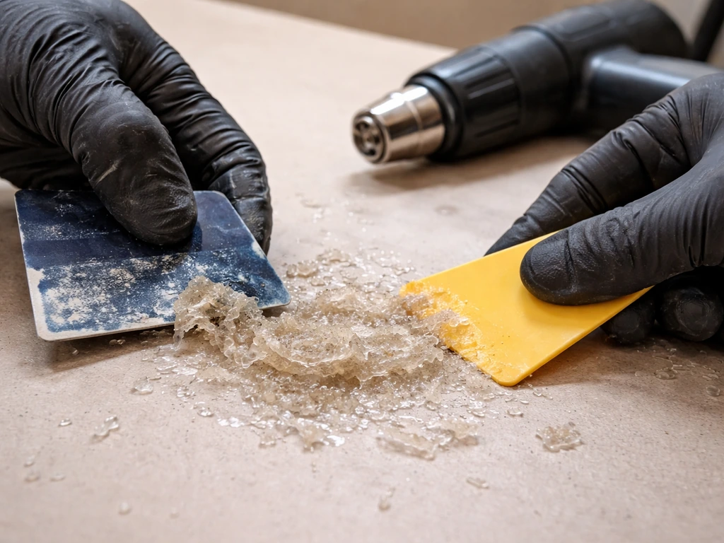 Gloved hands scraping softened hardened resin with a plastic putty knife, with a heat gun nearby.