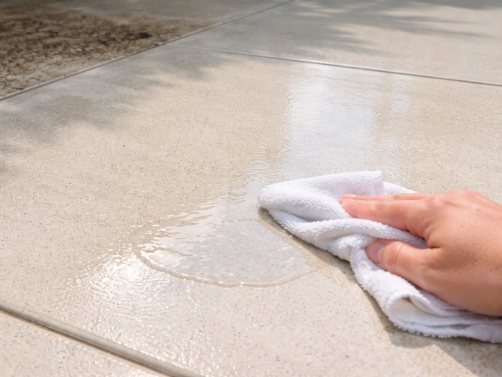 Microfiber cloth wiping a clean patio after resin removal, with a small faint dark stain left behind.