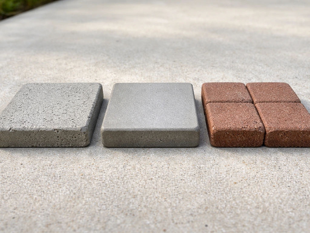 Three small patio surface samples side by side: sealed concrete, porous concrete, and brick pavers texture.