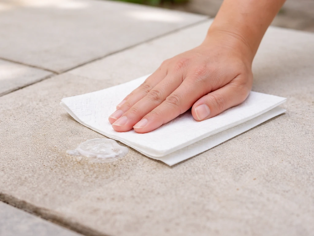 Close-up of a hand blotting a semi-wet sunscreen stain on a stone patio with a dry paper towel.