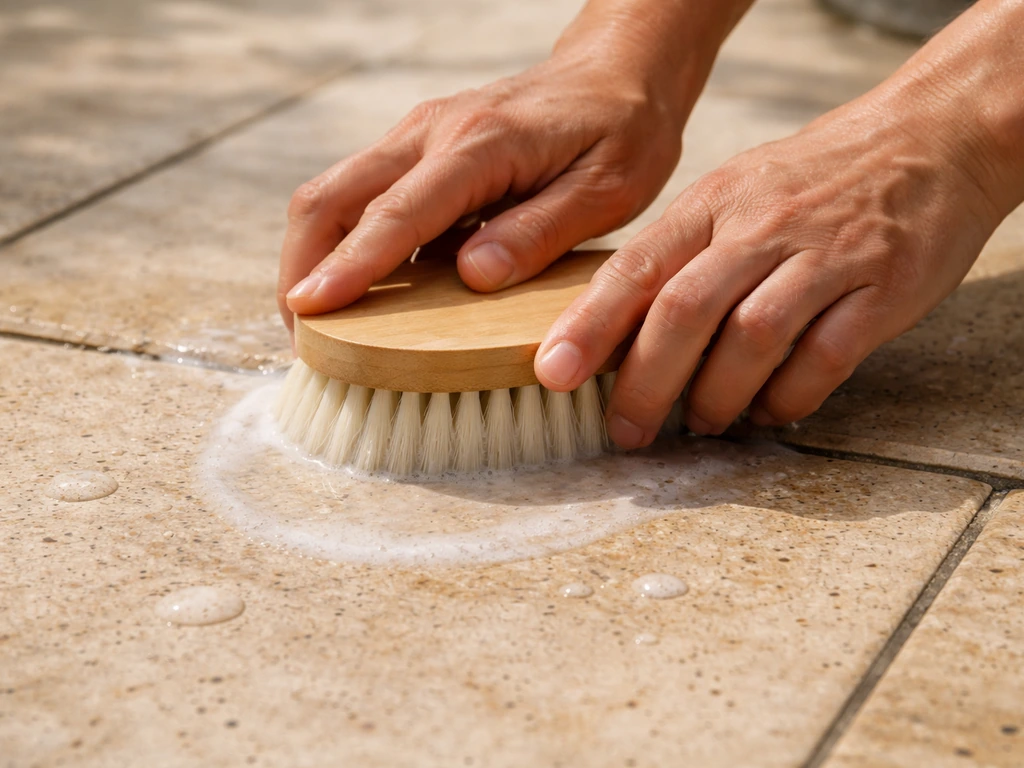 Hands scrubbing travertine/flagstone with a soft-bristle brush, removing sunscreen residue.