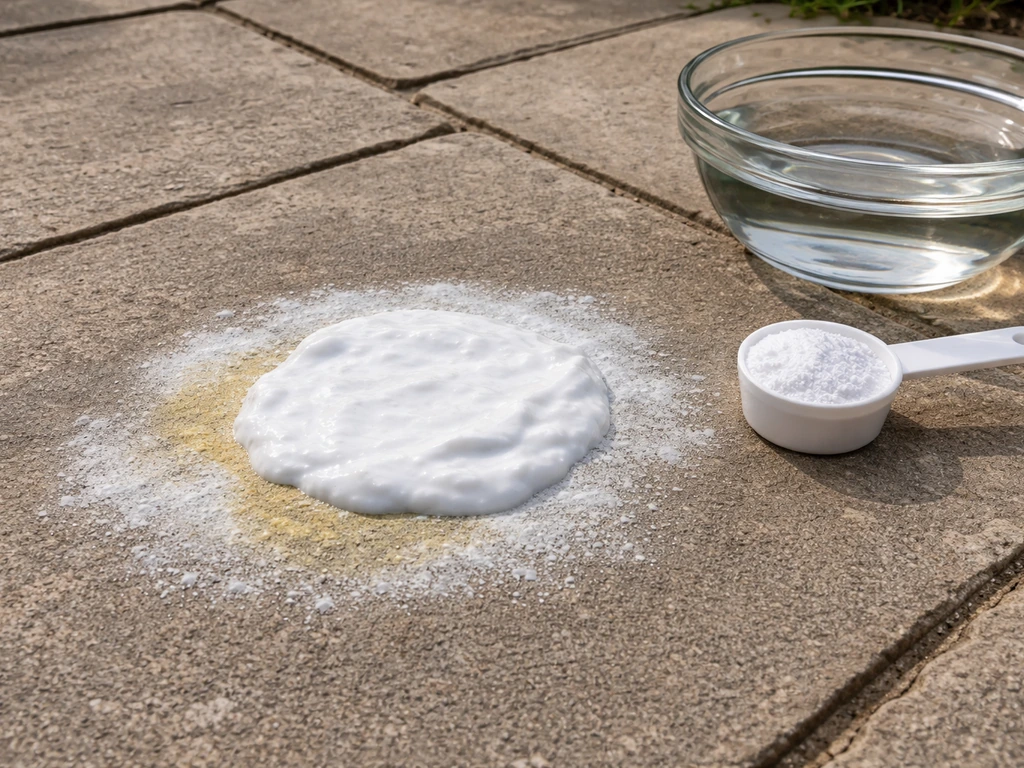 Thick oxygen-bleach paste spread over a discolored sunscreen stain on patio stones, with a small buffer area.