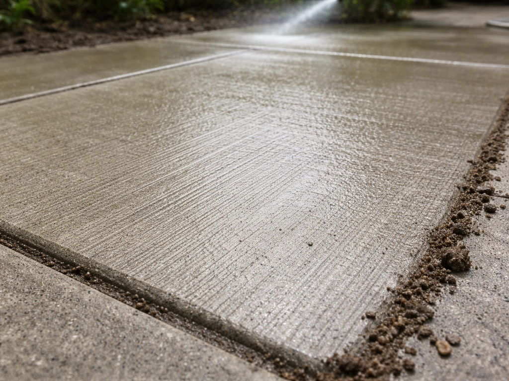 Close-up of a freshly rinsed patio surface with scrubbed clean texture and no loose grime.