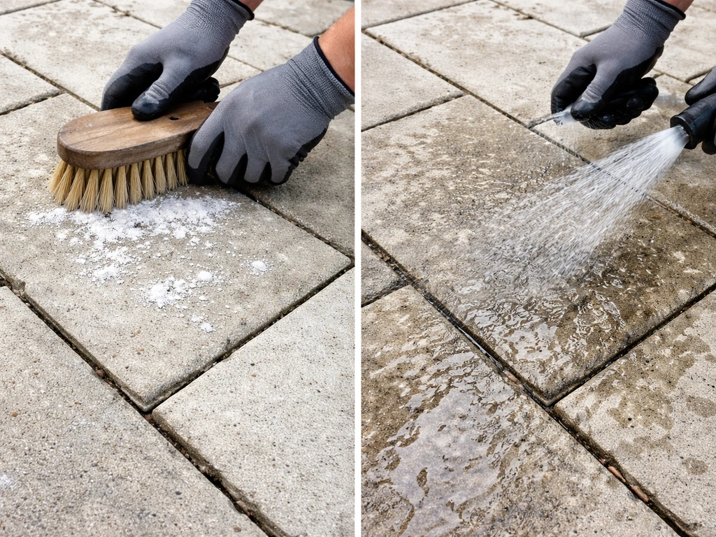 Gloved hands brushing and rinsing white efflorescence off concrete patio pavers in natural light.