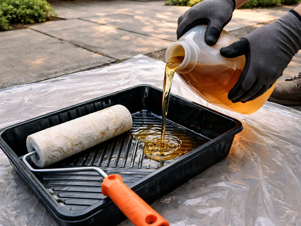 Close-up of someone decanting patio sealer into a roller tray with a paint roller ready to apply.