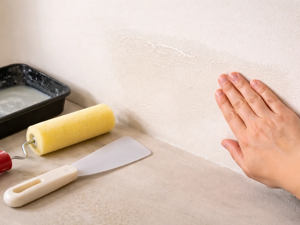 Close-up of a foam roller and scraper repairing a sealed surface with visible bubble-like imperfections