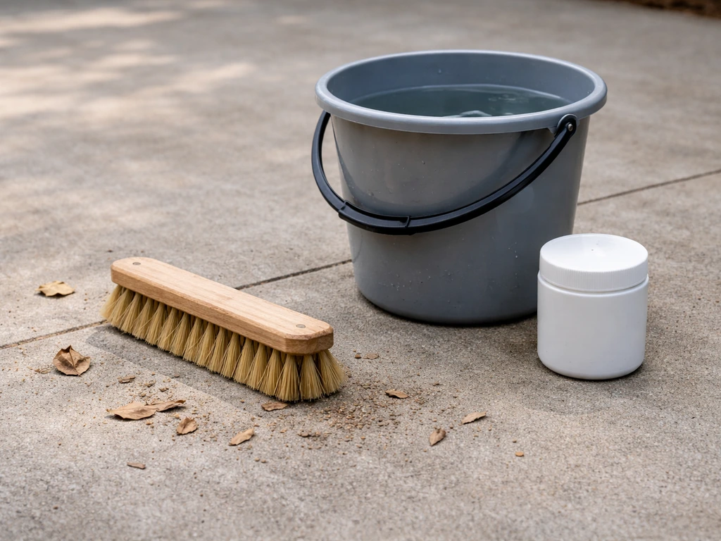 Weekly cleaning tools arranged on a concrete patio: stiff-bristle brush, bucket of water, mild cleaner.
