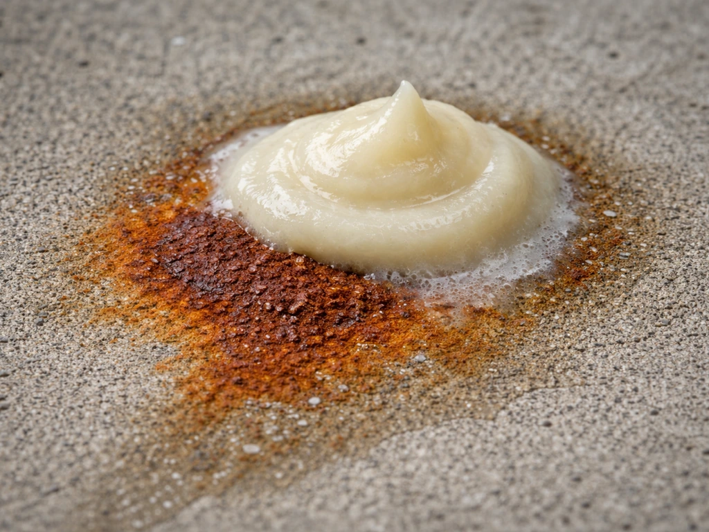 Close-up of rust-stained concrete with oxalic-acid-style paste applied to the stain.