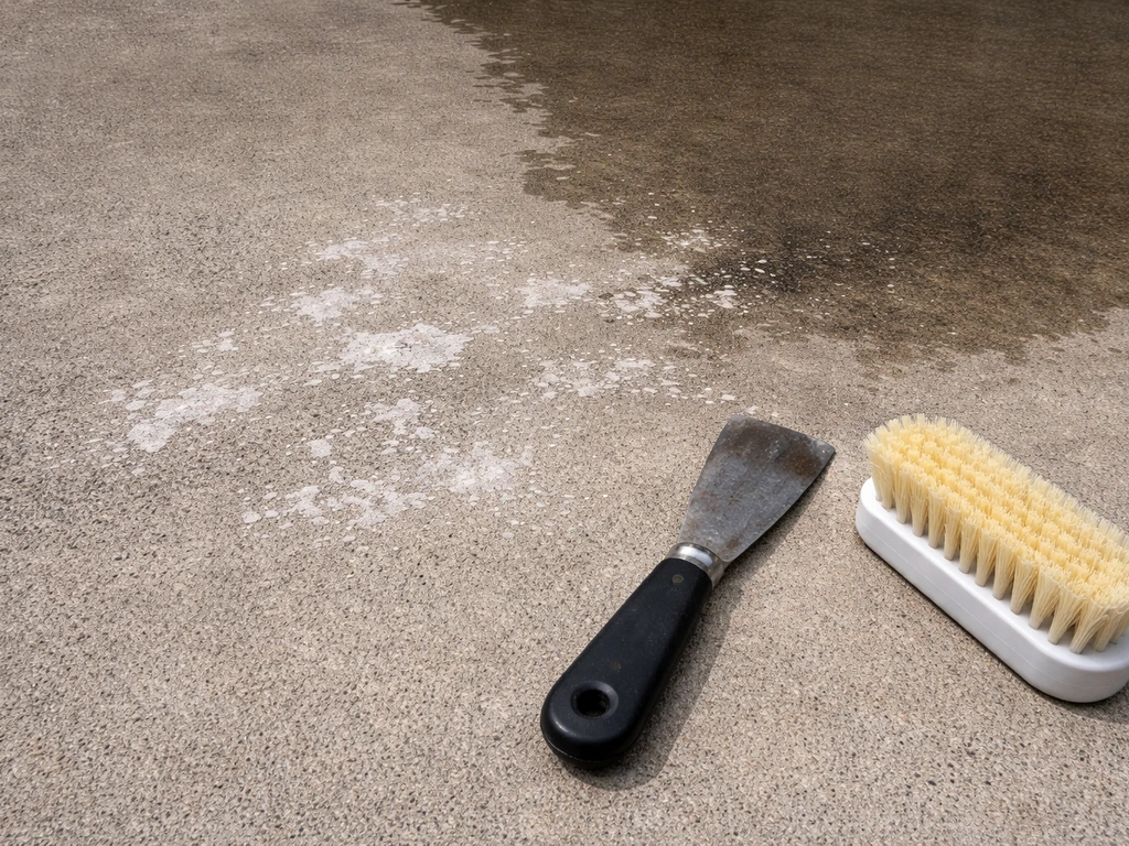 Close-up of white chalky efflorescence on a concrete patio before cleaning, with a brush and putty knife nearby.