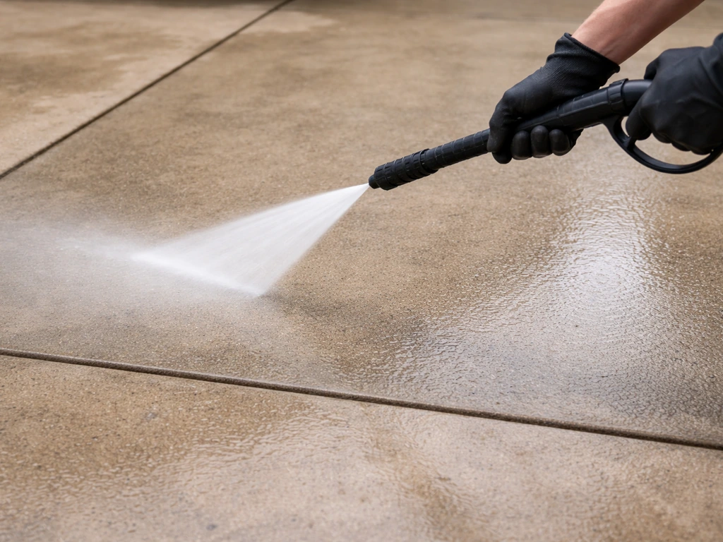 Pressure washer nozzle with fan tip held about a foot from concrete patio, showing safe distance technique.