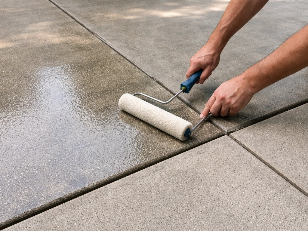 Hands roll penetrating sealer onto a clean concrete patio, with neat edging along a joint line.