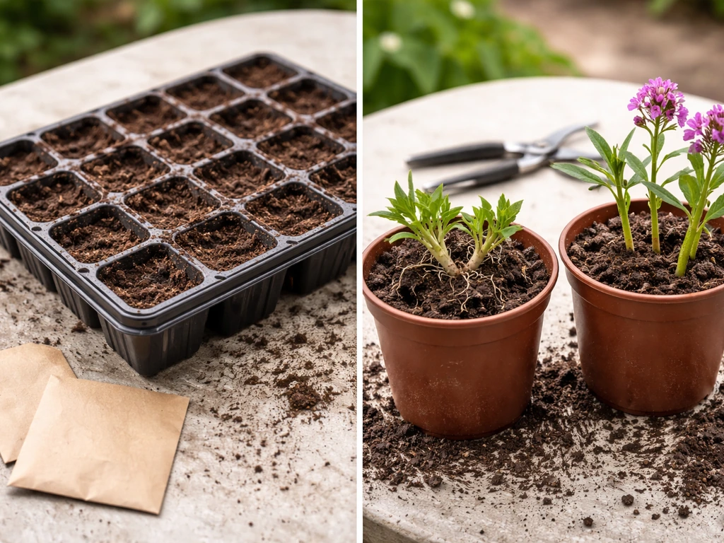 Split photo showing seed tray for sowing and separate potted phlox cuttings/divisions side by side.