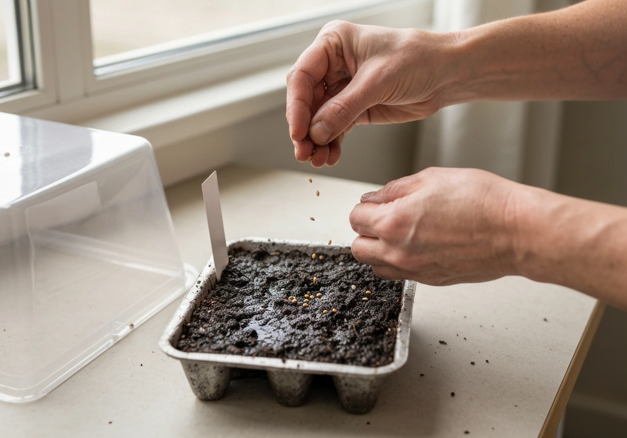 Hands placing tiny phlox seeds into a moist seed tray under bright window light.