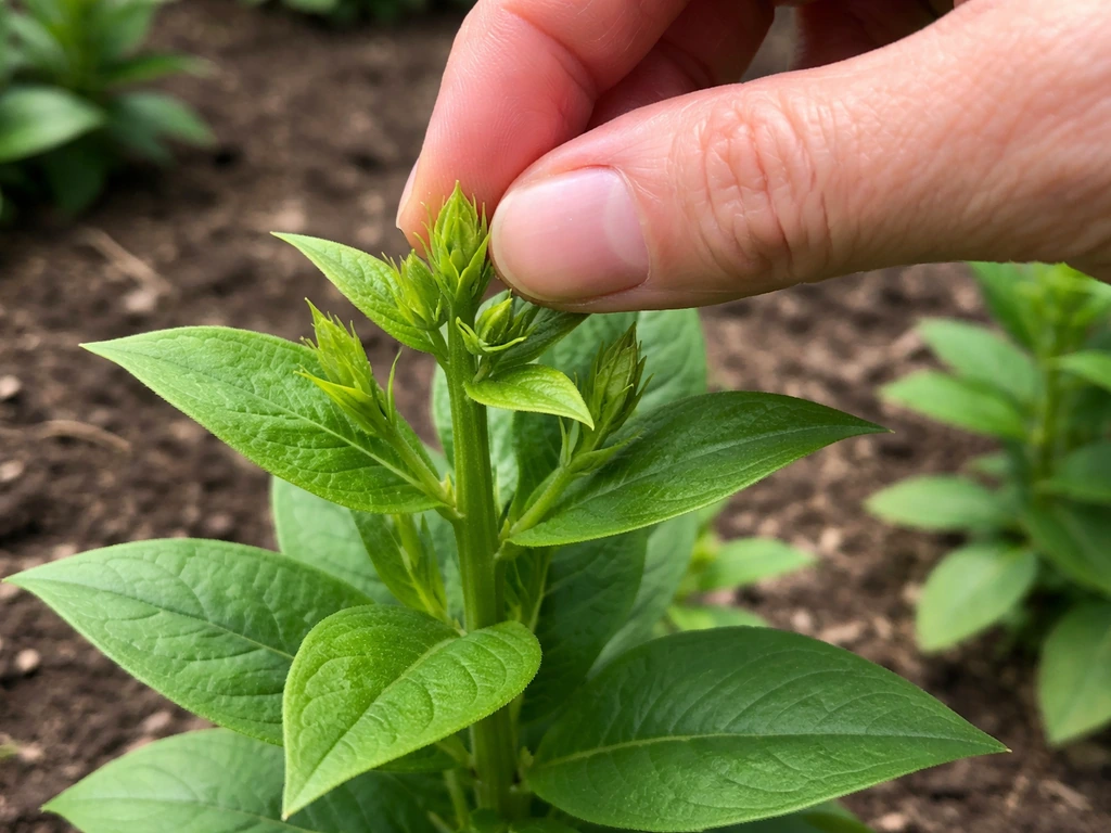 Gardener pinching the tips of a young garden phlox plant to encourage branching and bushier growth.