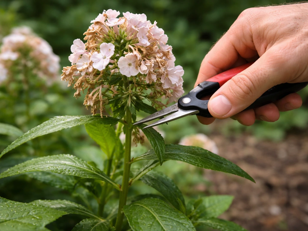 Gardener snips a fading garden phlox flower cluster just above healthy green foliage.