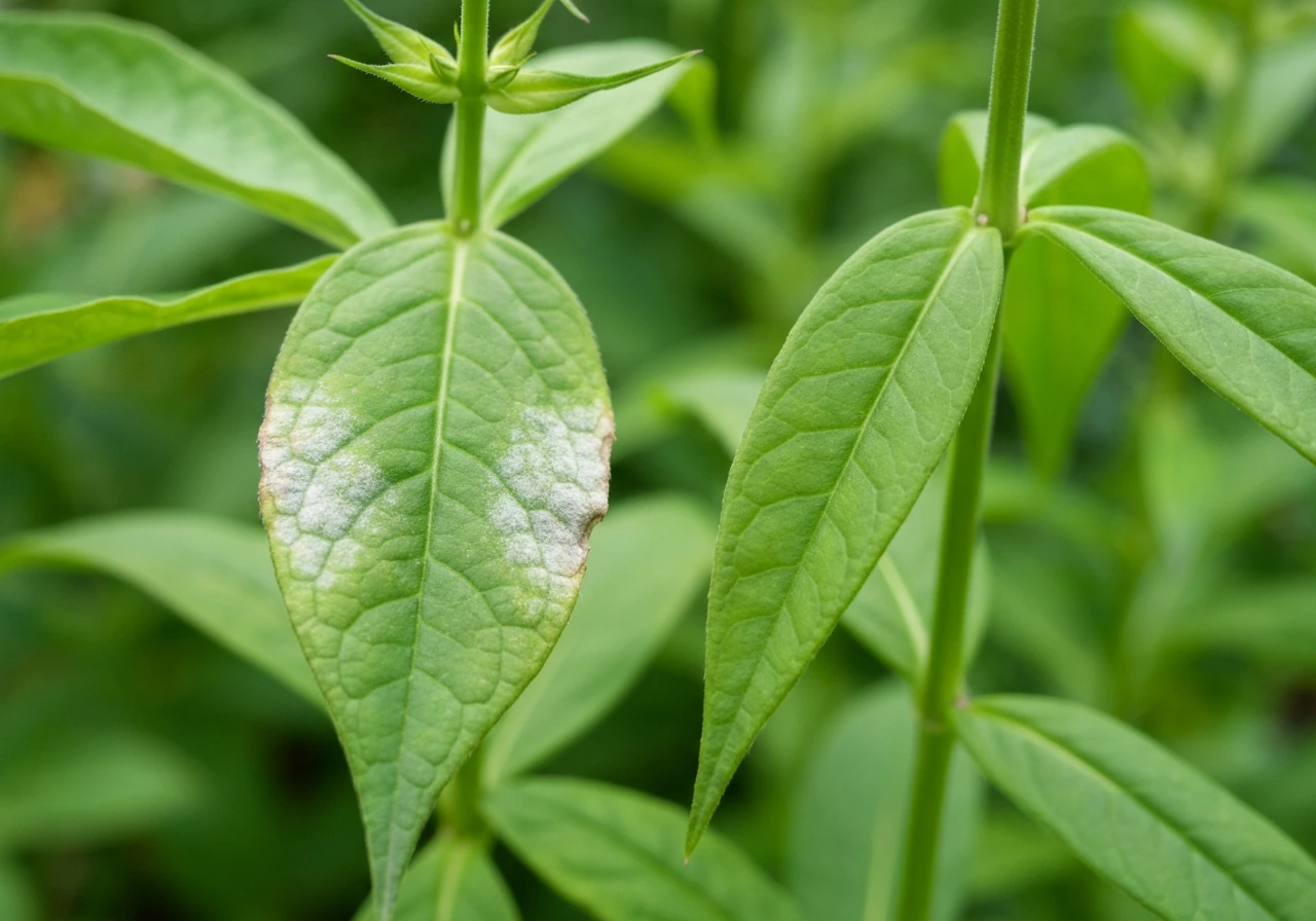 Close-up of tall garden phlox leaves with early powdery mildew next to a healthy leaf