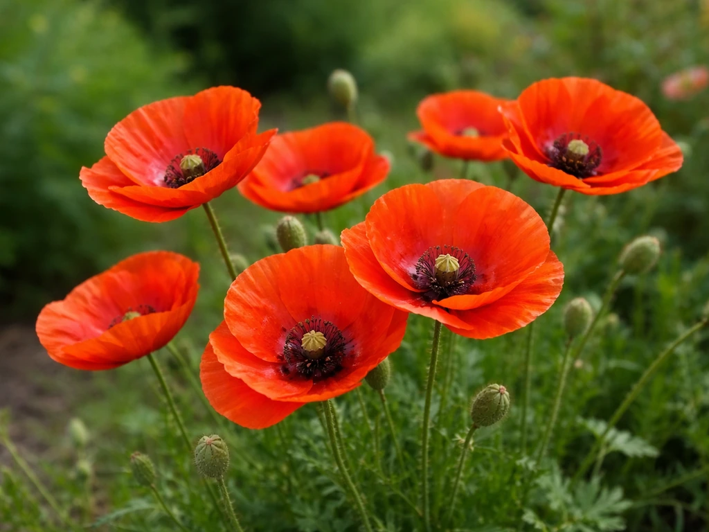 Warm red-orange Dawn Chorus poppy blooms with bowl-shaped petals in a softly blurred garden bed.