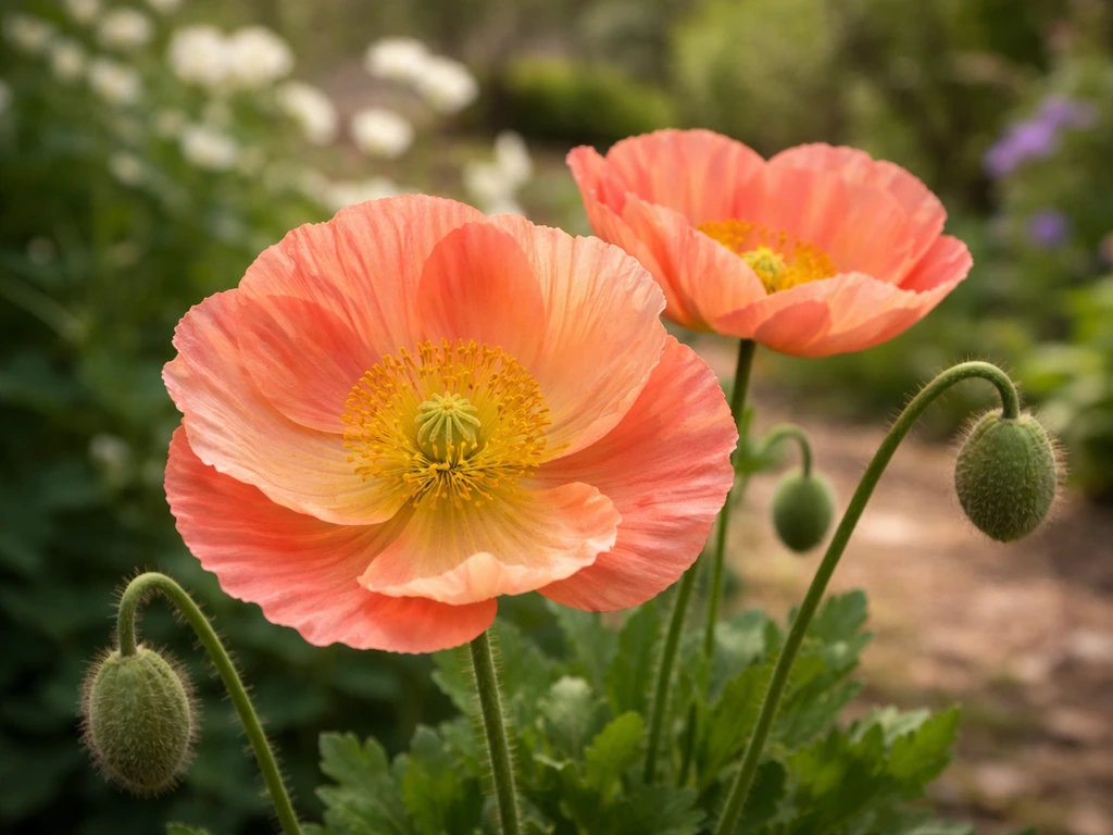 Dawn Chorus poppy in bloom with apricot-coral-rose bowl-shaped flowers in a quiet garden bed