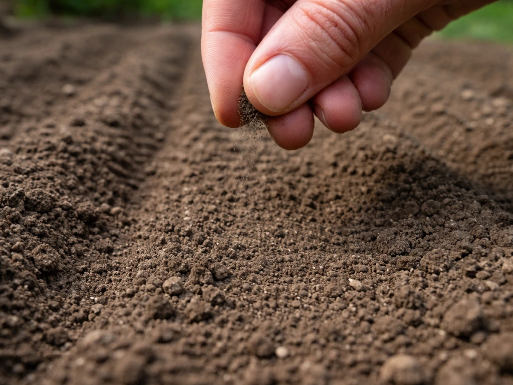 Close-up of dust-like poppy seeds being sprinkled onto a freshly raked seedbed.