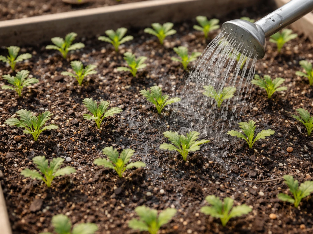 Closeup of evenly spaced poppy seedlings with a gentle watering stream across dry topsoil.