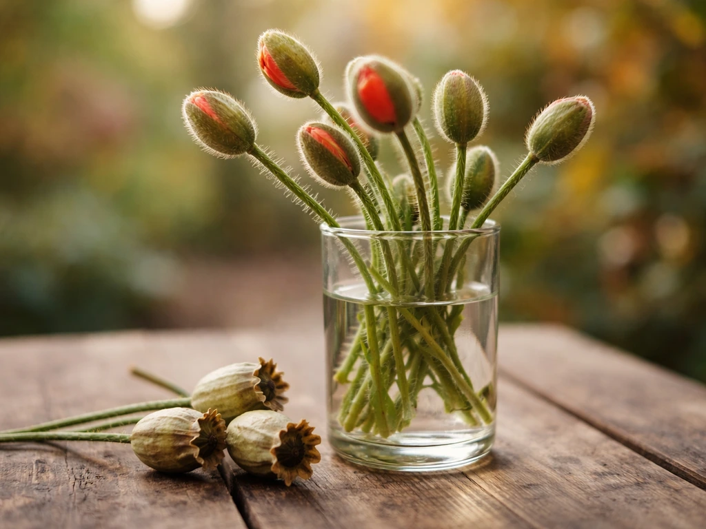 Dawn Chorus poppy stems with just-cracking buds in a small vase beside drying seed pods