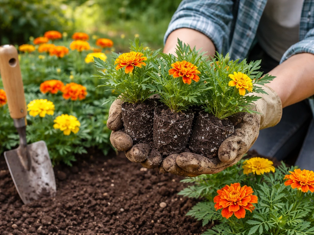 Gardener holds marigold starts over a flower bed with blooming marigolds