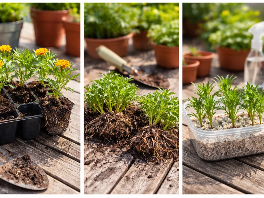 Side-by-side comparison of three seedless marigold methods