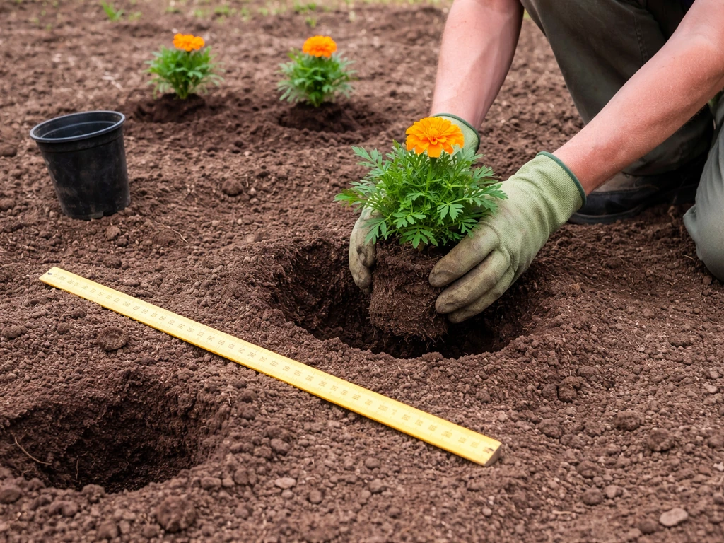 Transplanting marigolds at correct depth and spacing in soil