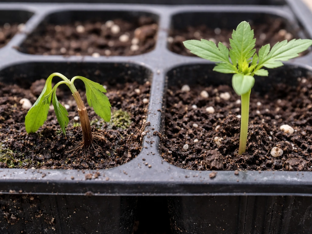 Root rot and damping-off signs on a marigold seedling