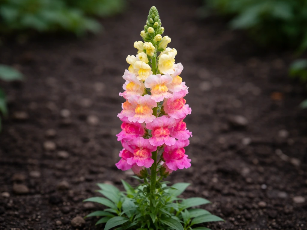 Tall snapdragon flower spike in a garden bed, petals lit by natural light.