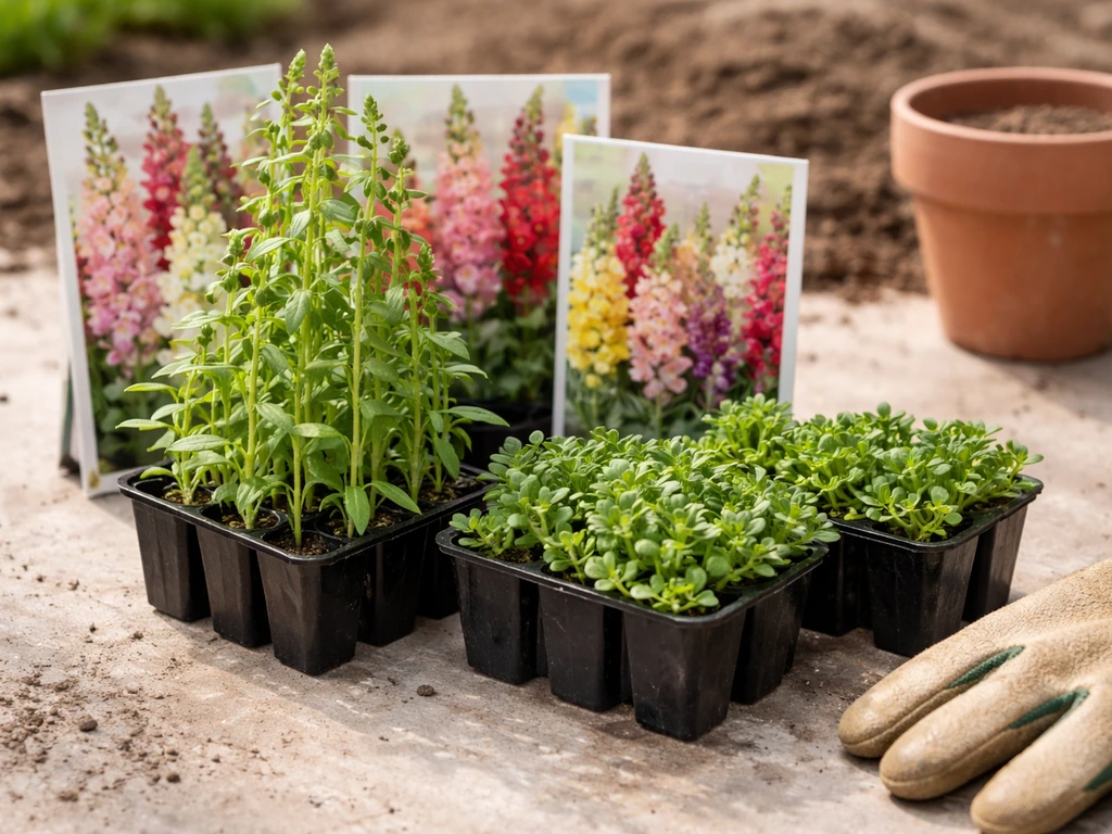 Close-up of seed packets and small snapdragon starts showing tall cut-flower varieties vs shorter types