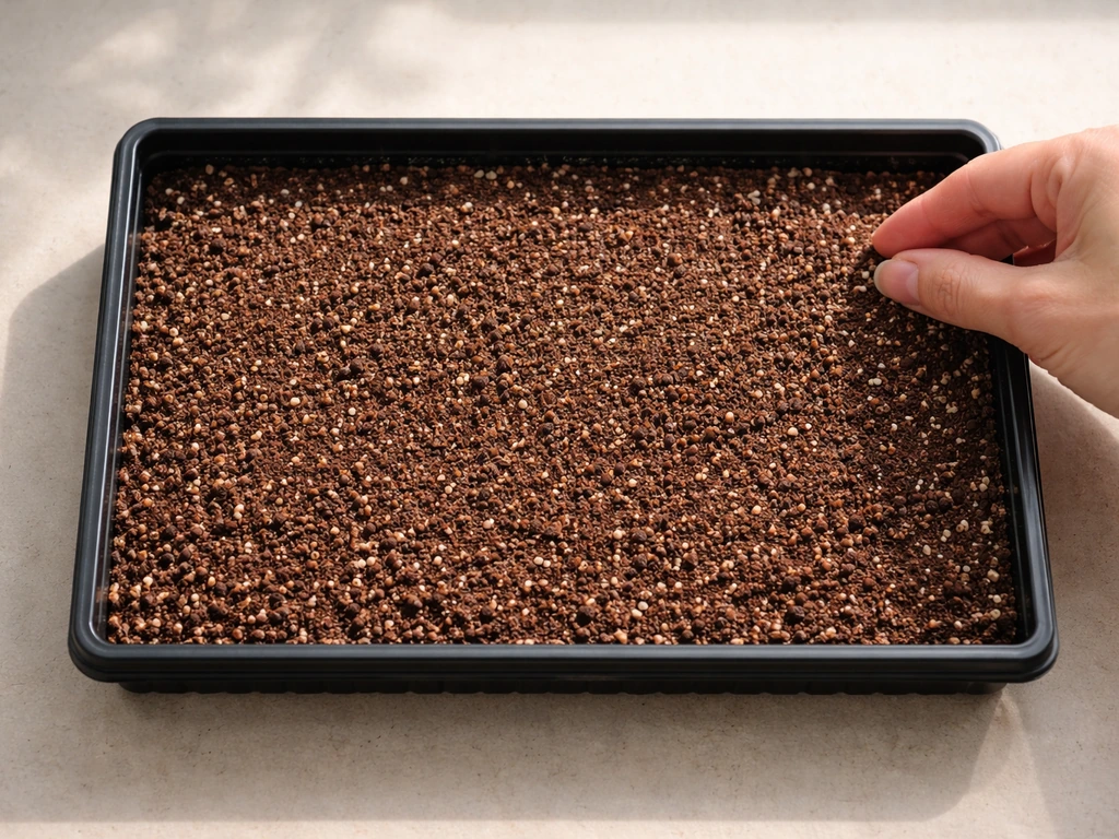 Top-down view of tiny snapdragon seeds being scattered on moist seed-starting mix in a shallow tray.