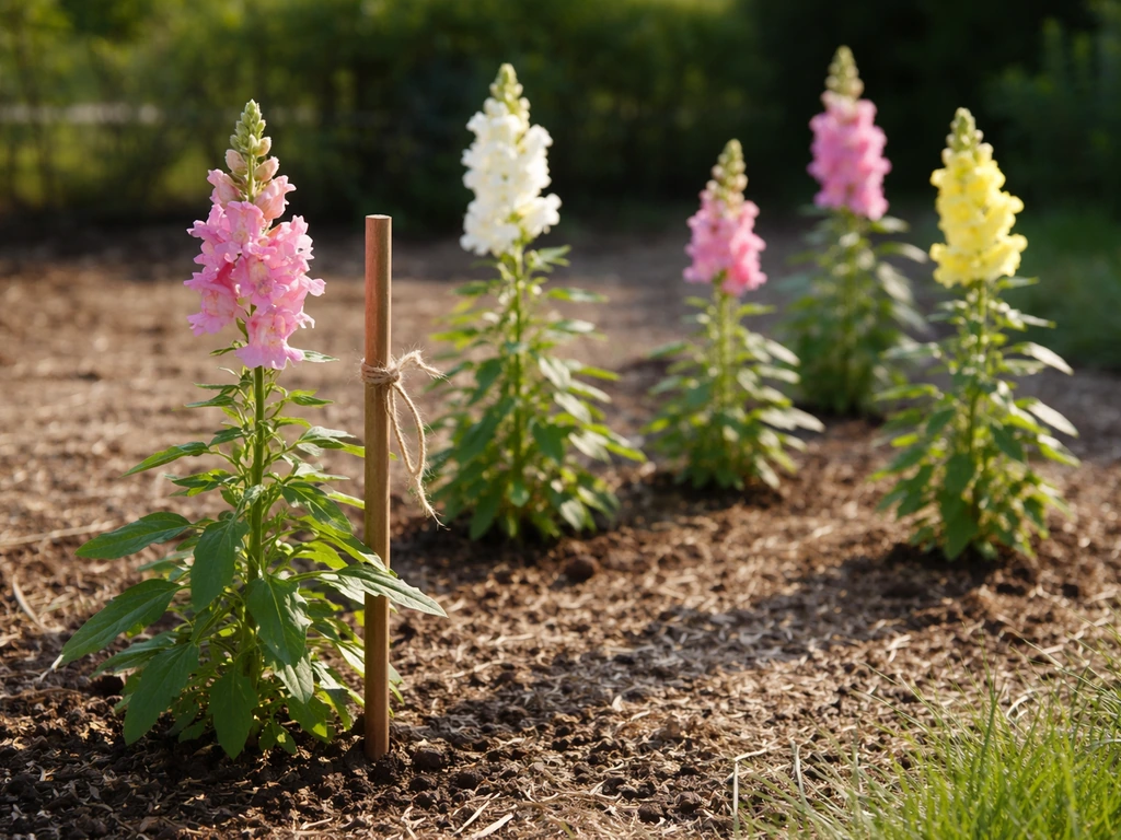 Tall snapdragons in full sun, spaced apart with a subtle stake supporting plants against wind.