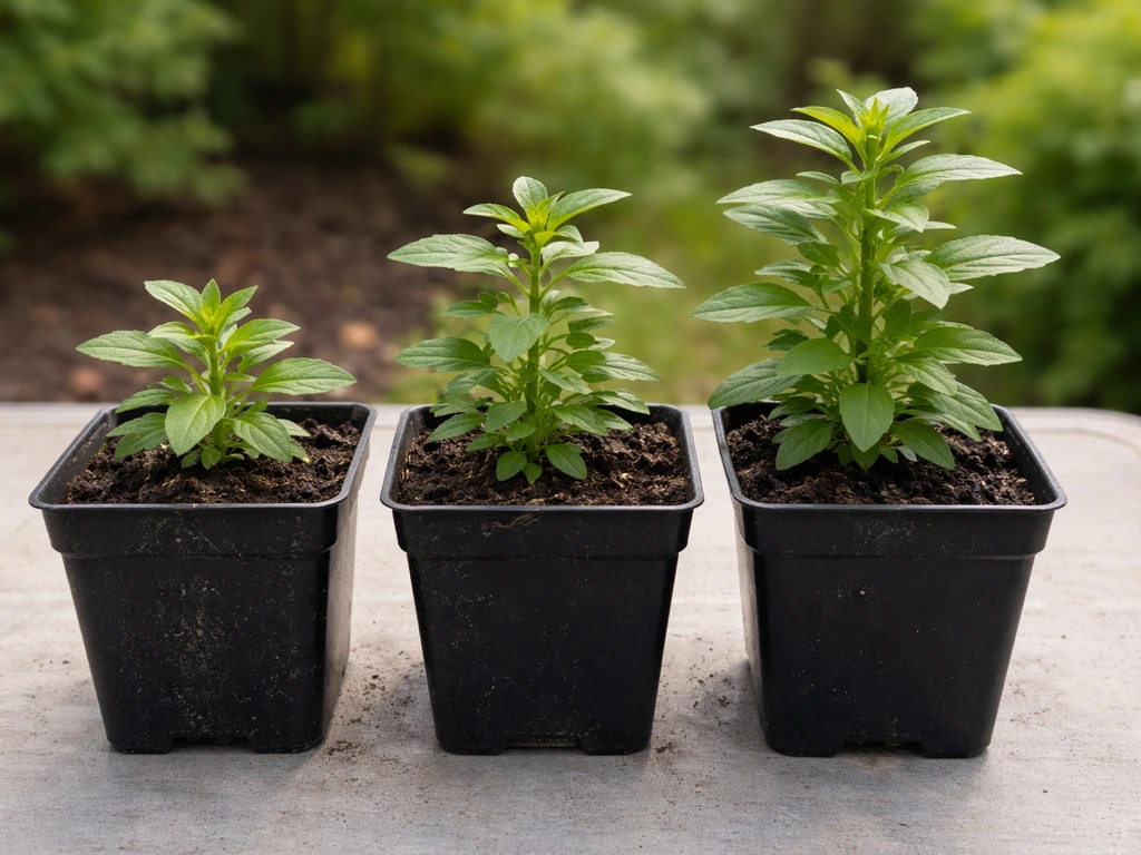 Three small snapdragon plants in pots showing stunted growth in simple indoor light.