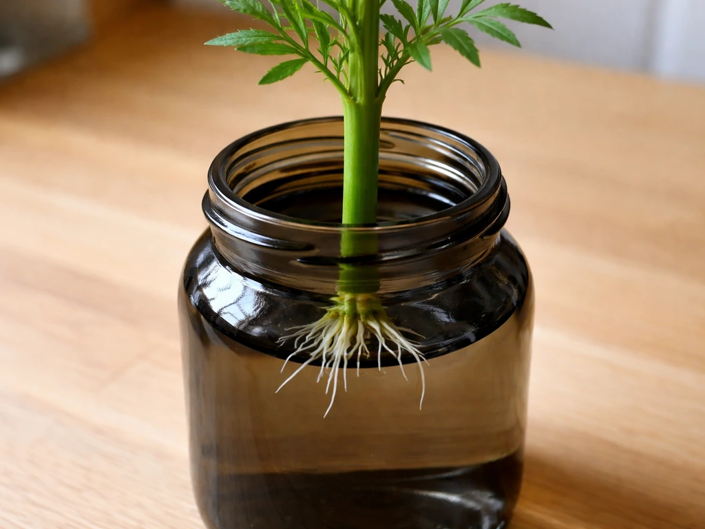 Marigold cutting in a narrow jar with stripped leaves above the waterline.