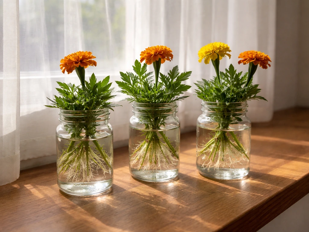 Marigold rooting jars placed in bright indirect window light, not direct sun.