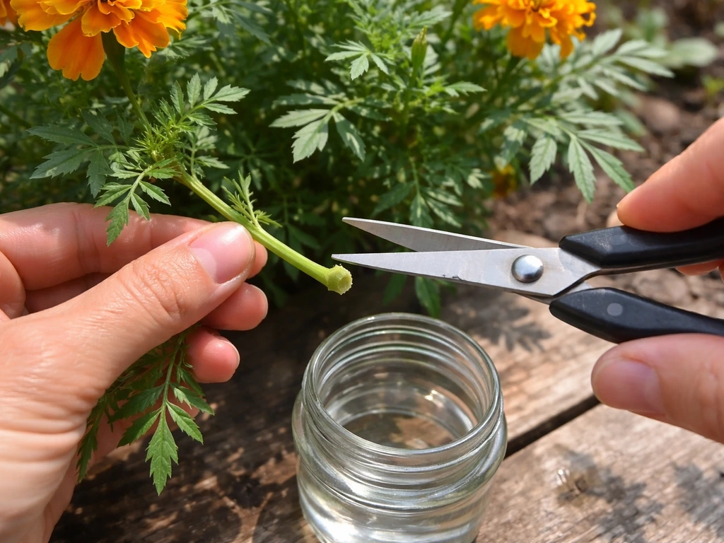 Selecting a healthy marigold cutting for rooting in water, cut end ready.