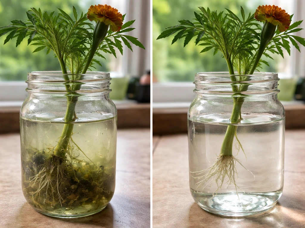 Before-and-after example of algae/rot prevention in marigold water rooting jars.
