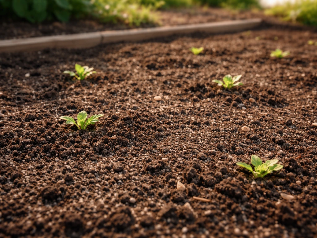 Sunny garden bed with crumbly well-draining soil and small seedlings ready for blanket flowers.