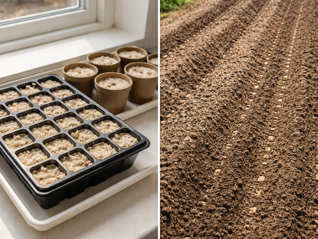 Split view of indoor seed trays and outdoor rows showing blanket flower seeds being sown.