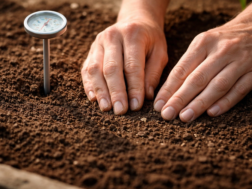 Hand pressing flower seeds into warm garden soil with a soil thermometer nearby outdoors.