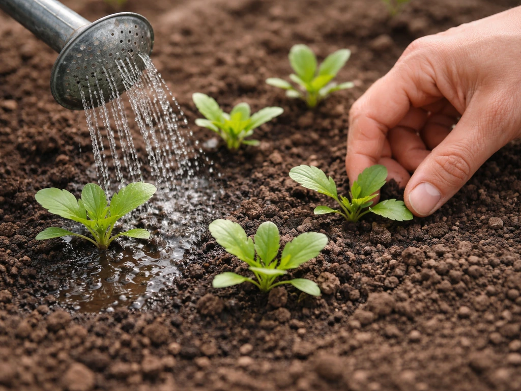 Young blanket flower seedlings being watered from a can, with a hand gently spacing sprouts for thinning