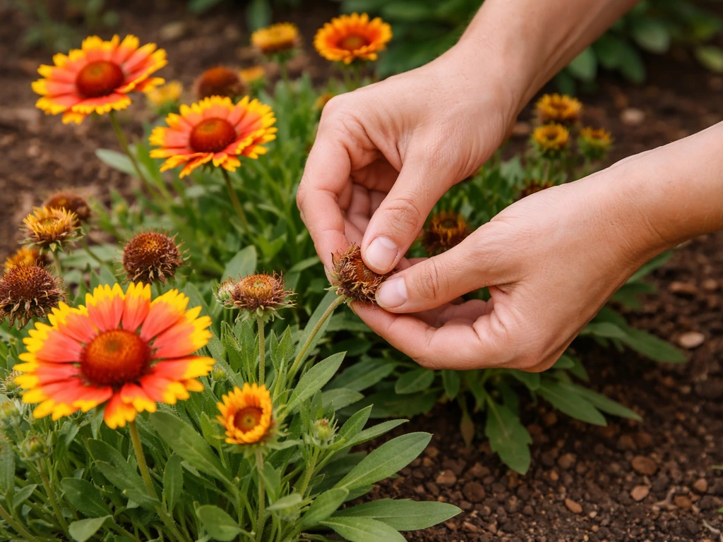 Hands deadheading spent blanket flower blooms with fresh flowers still blooming nearby.