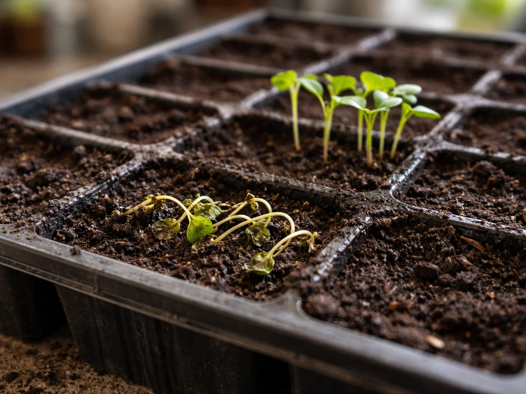 Close-up of a seed tray with collapsed damping-off seedlings at the base, showing unhealthy sprouts to avoid.