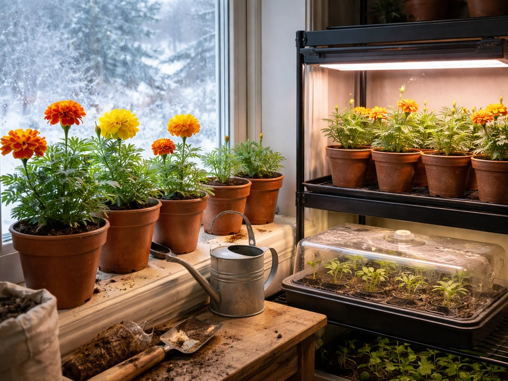 Winter indoor setup for growing marigolds under light and in containers